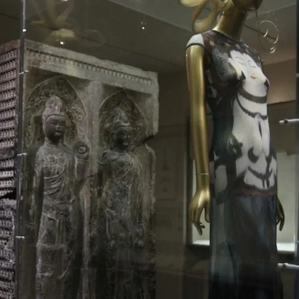 vintage 90s rare vivienne tam kuan yin buddha print mesh maxi dress - Picture 3 of 9